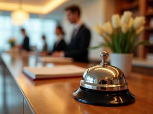 A close up of a service bell on a hotel check-in counter. There are flowers in a vase and workers in the background.