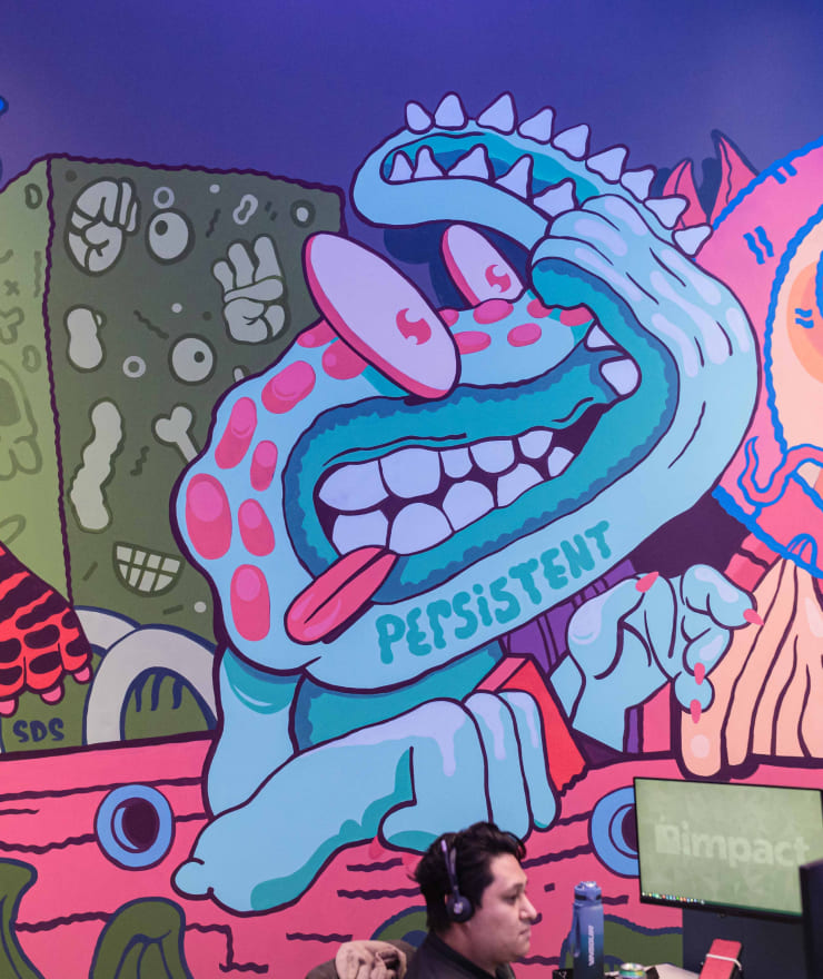 cartoon characters in large colorful mural