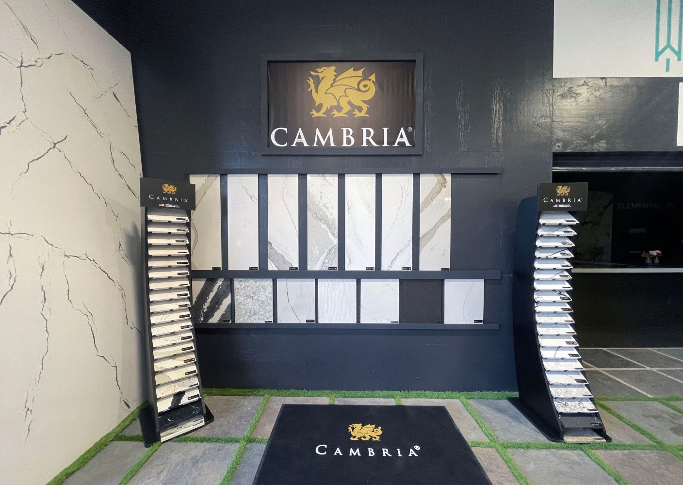 Cambria stand of stone slabs in showroom at atlantis granite and quartz headquarters