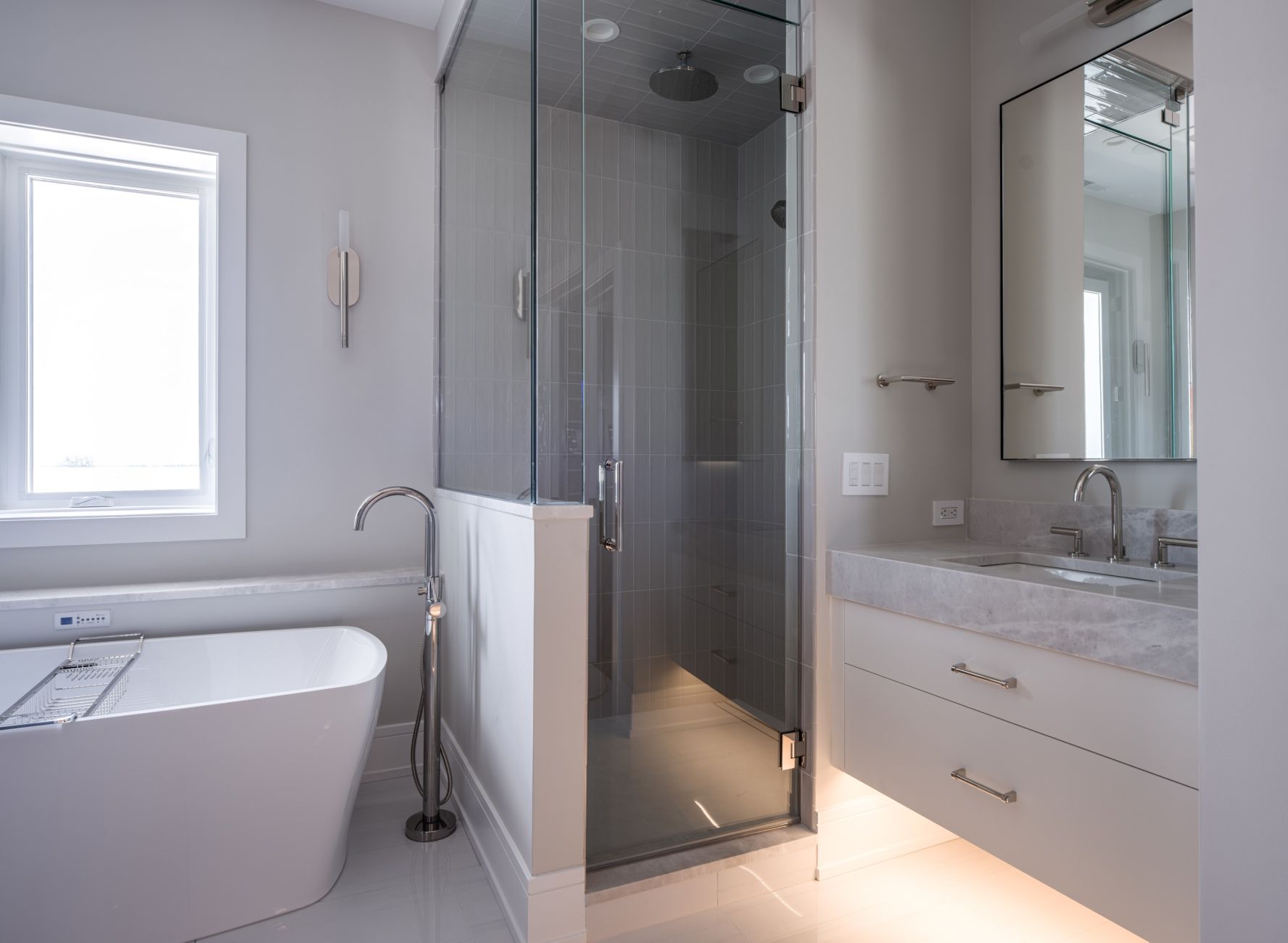 Residential Master Bathroom with grey marbled countertop